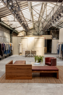 view of the set design installation for the Tiger Of Sweden Showroom, highlighting the pieces of this SS24 collection Cosi Tutti