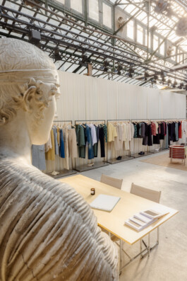 view of the set design installation for the Tiger Of Sweden Showroom, highlighting the pieces of this SS24 collection Cosi Tutti